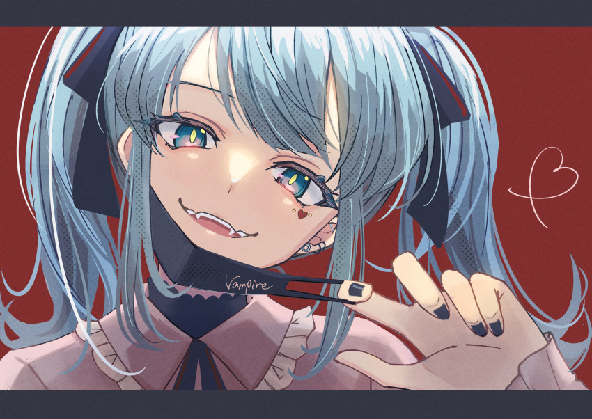 1girl :d absurdres adjusting_mask aqua_eyes black_nails black_ribbon blue_hair commentary_request ear_piercing facial_mark fangs frilled_shirt frills hatsune_miku heart heart_facial_mark highres looking_at_viewer mask mouth_mask neck_ribbon open_mouth partial_commentary piercing pink_shirt red_background ribbon shirt smile solo song_name teeth tongue tsumurimai twintails upper_teeth_only vampire_(vocaloid) vocaloid yellow_pupils