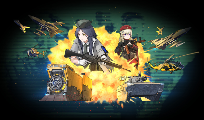 2girls absurdres aircraft airplane ak-74m ak74m_(girls&#039;_frontline) ar-18 ar-18_(girls&#039;_frontline) assault_rifle beret black_hair blonde_hair bmp-2 elmo_(vehicle) explosion fighter_jet fingerless_gloves girls&#039;_frontline gloves gogo_(gogo_23) gun hair_ornament hat helicopter highres holding holding_gun holding_weapon jet kalashnikov_rifle mh-6_little_bird military_vehicle multiple_girls parody rifle title_parody uh-60_blackhawk warno_(game) weapon white_gloves yellow_eyes