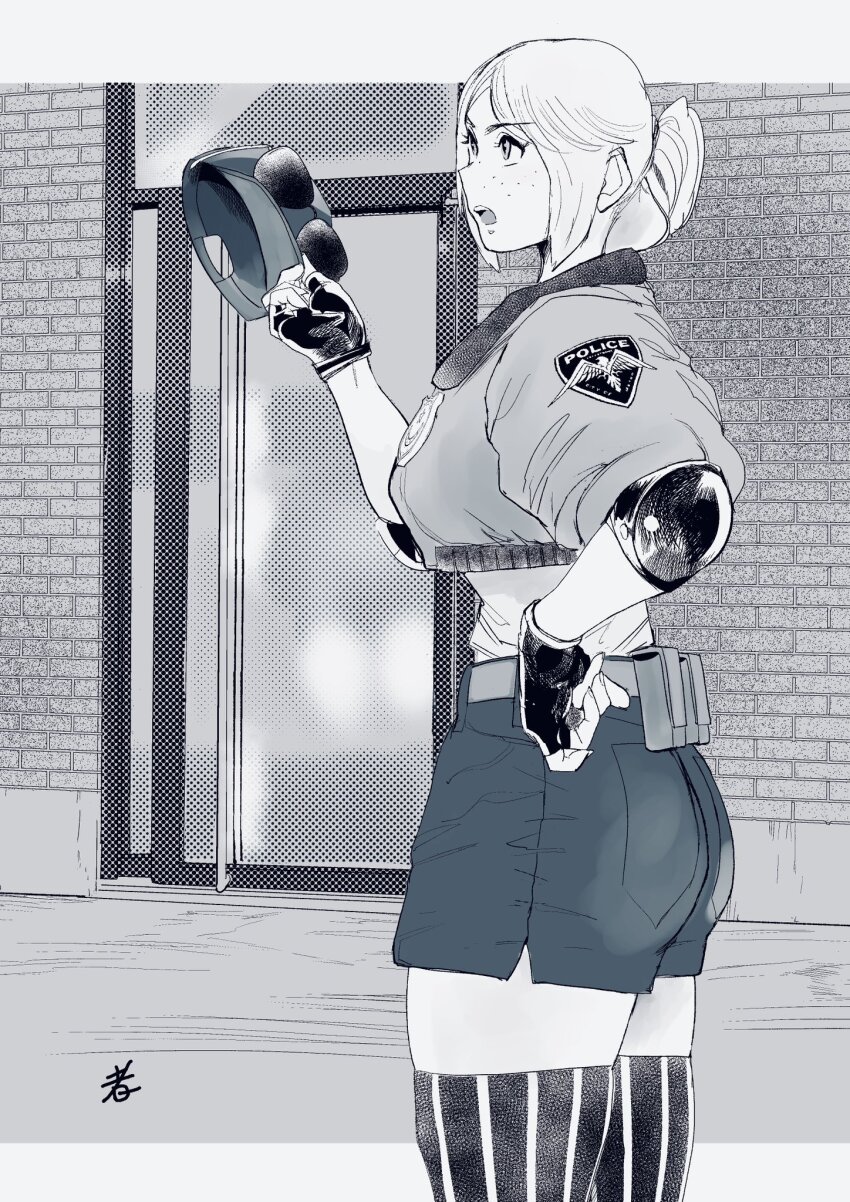 1girl ass capcom elbow_pads final_fight final_fight_3 fingerless_gloves gloves hand_on_own_hip hat highres hiroshi_mono lucia_morgan monochrome police police_uniform policewoman ponytail shorts sidelocks street_fighter street_fighter_v striped_clothes striped_thighhighs sunglasses thick_thighs thighhighs thighs