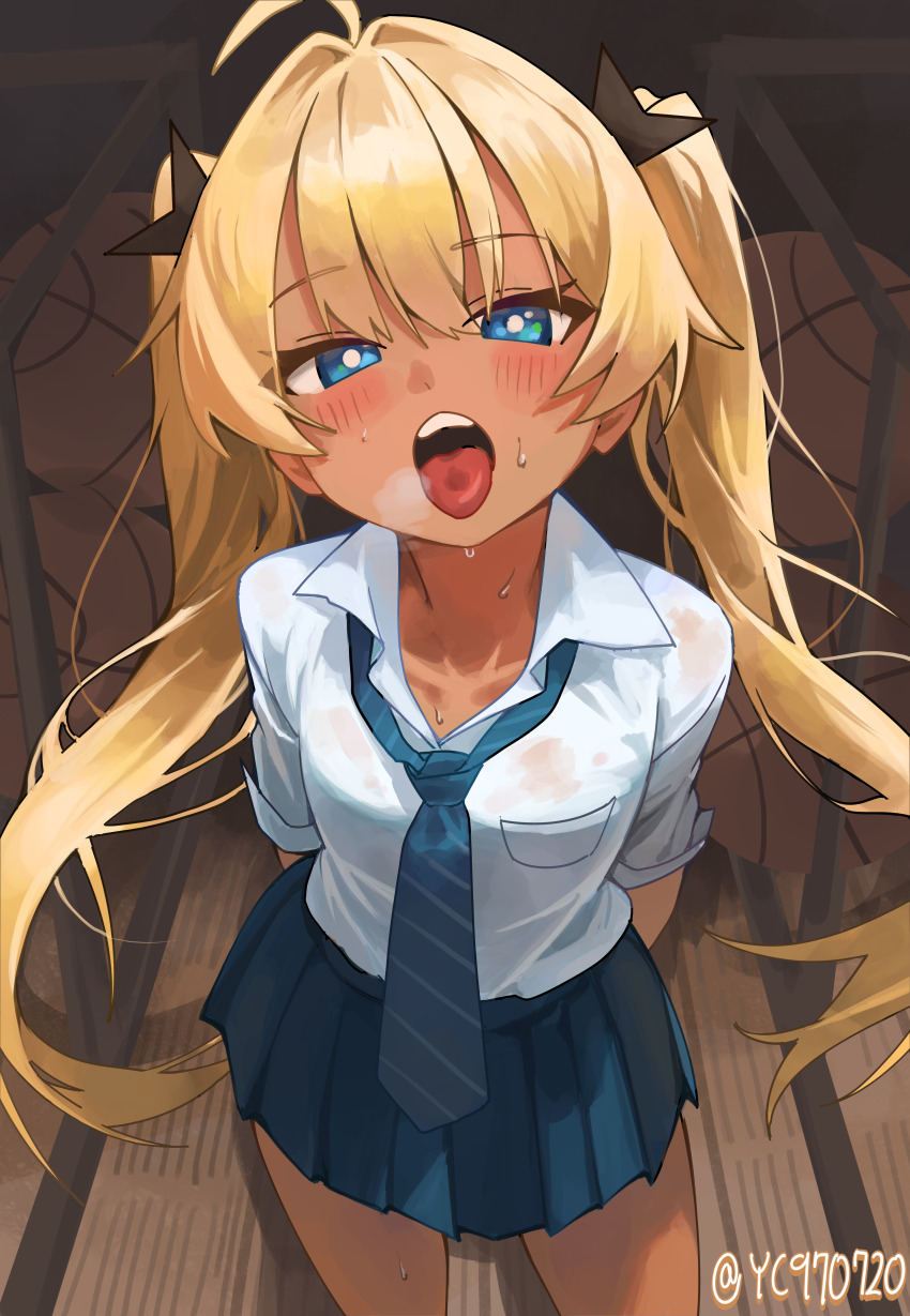 1girl absurdres ahoge black_ribbon blonde_hair blue_eyes blue_necktie blue_skirt blush clear_(djmax) collared_shirt djmax djmax_respect hair_ribbon highres looking_at_viewer necktie open_mouth pleated_skirt revision ribbon shirt skirt solo standing sweat syc2159 teeth tongue tongue_out twintails twitter_username upper_teeth_only white_shirt