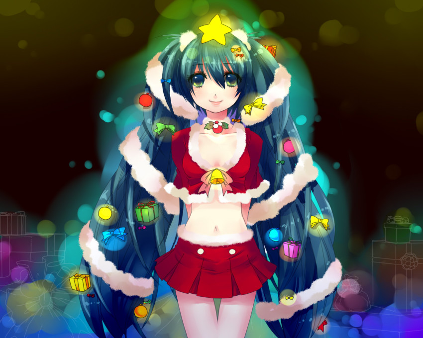 1girl aqua_eyes aqua_hair bad_id bad_pixiv_id bell bow christmas female_focus hair_bow hatsune_miku kaden_(kuzek) long_hair midriff navel santa_costume skirt smile solo star_(symbol) tsubaki_ki twintails very_long_hair vocaloid