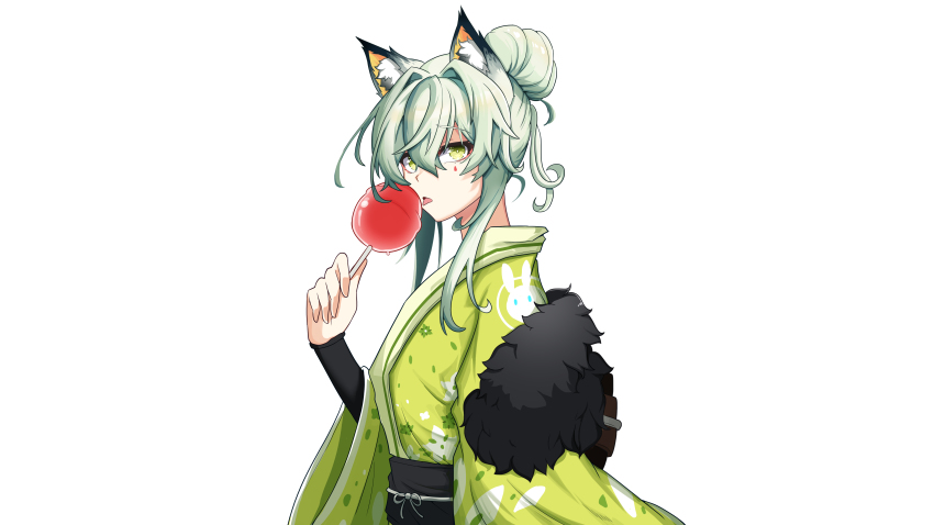 1girl absurdres alternate_costume alternate_hairstyle animal_ear_fluff animal_ears arknights breasts candy_apple cat_ears chinese_commentary ddddecade eating food fur_scarf furrowed_brow green_eyes green_kimono hair_between_eyes hair_bun highres holding holding_food japanese_clothes kal&#039;tsit_(arknights) kimono licking light_green_hair looking_at_viewer medium_breasts medium_hair obi open_mouth sash sidelocks simple_background single_hair_bun solo tongue tongue_out upper_body wavy_hair white_background wide_sleeves