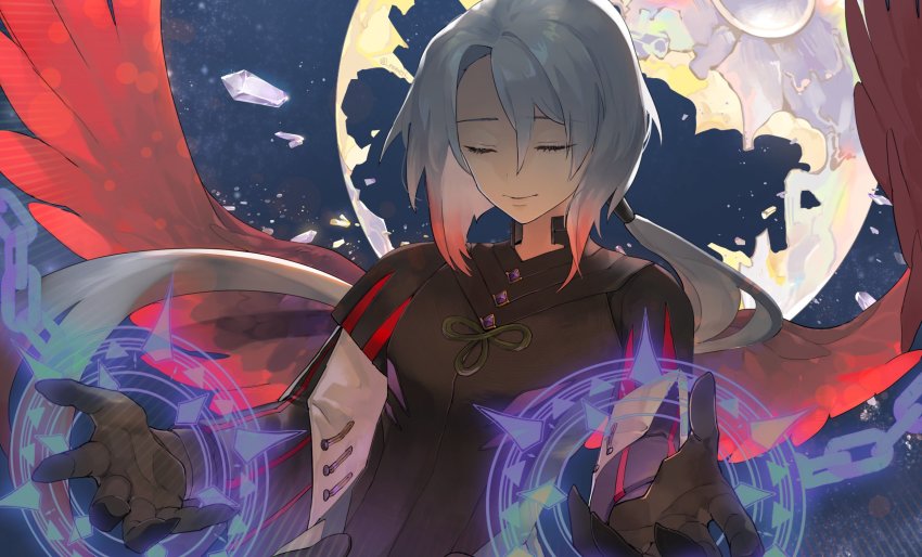 1boy another_eden chain clarte_(another_eden) closed_mouth grey_hair hair_between_eyes hair_tubes highres low_ponytail magic male_focus nomeringo red_wings smile solo upper_body wings