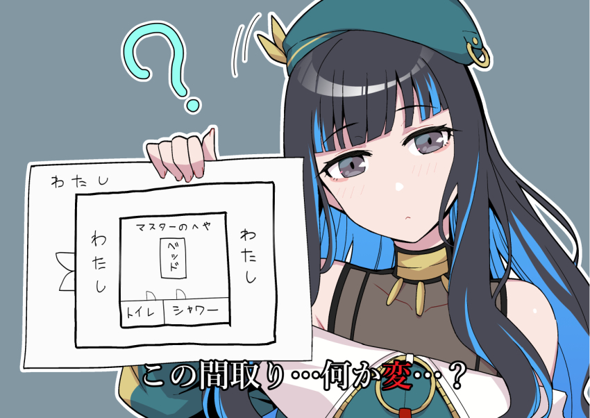 1girl ? bare_shoulders beret black_hair blue_hair colored_inner_hair fate/grand_order fate_(series) grey_eyes hat head_tilt hen_na_ie_(uketsu) jacket jewelry layout_plan long_hair looking_at_viewer multicolored_hair neck_ring ono_misao paper simple_background solo tenochtitlan_(fate) tenochtitlan_(second_ascension)_(fate) two-tone_hair