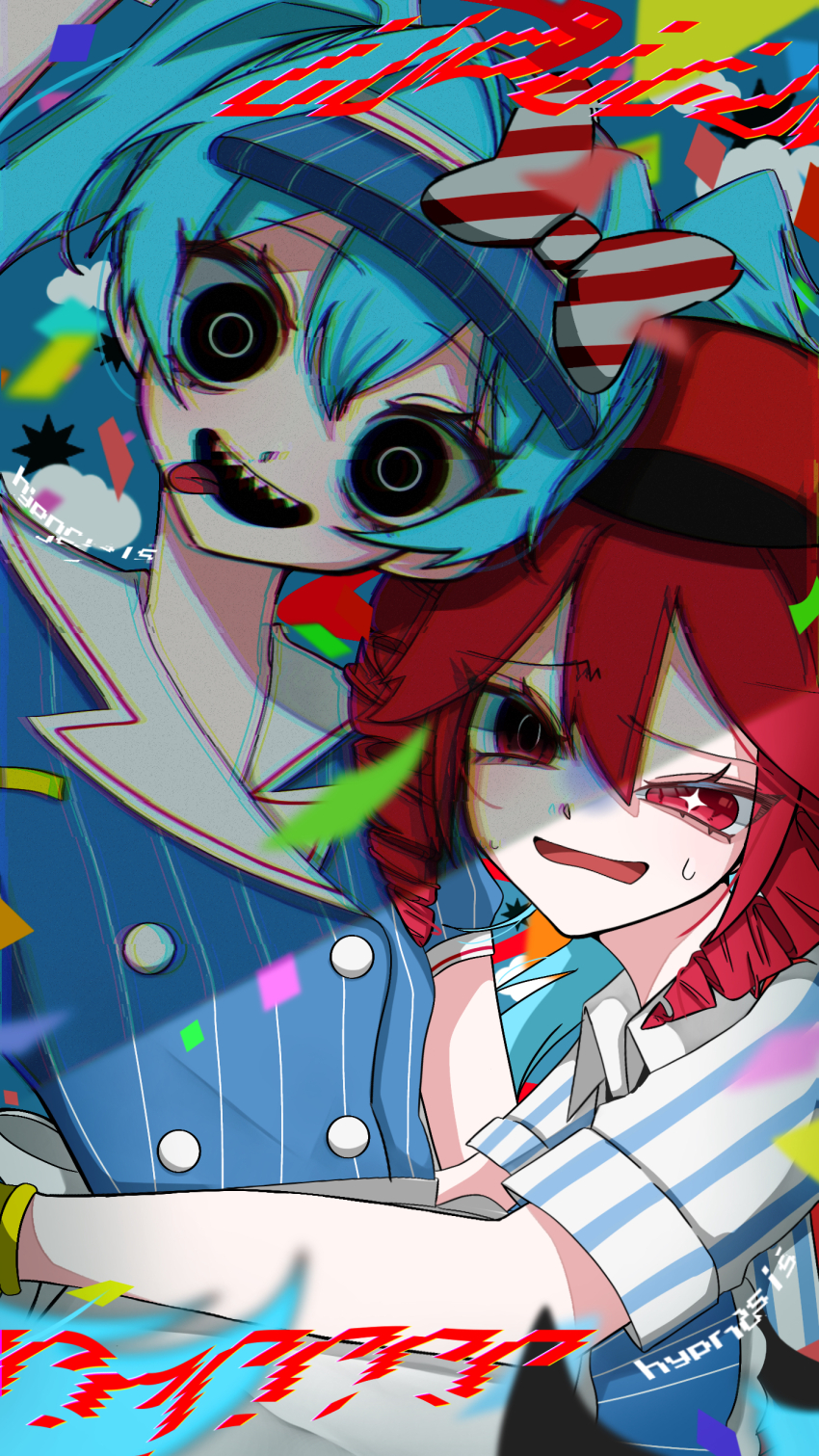 +_+ 2girls absurdres apron aqua_hair black_eyes blue_dress blue_shirt blue_visor bow bright_pupils buttons chromatic_aberration collared_dress collared_shirt commentary confetti crazy_eyes diagonal-striped_bow double-breasted dress drill_hair english_text hair_between_eyes hat hatsune_miku highres kasane_teto looking_at_viewer medium_hair mesmerizer_(vocaloid) mismatched_pupils multicolored_bow multicolored_clothes multicolored_dress multicolored_shirt multiple_girls nervous_smile nervous_sweating open_mouth partially_shaded_face red_bow red_eyes red_hair red_hat ringed_eyes ru_ki01 sharp_teeth shirt short_sleeves smile striped_bow striped_clothes striped_dress striped_shirt sweat teeth tongue tongue_out twin_drills twintails two-tone_bow two-tone_dress two-tone_shirt uneven_eyes upper_body upper_teeth_only utau vertical-striped_clothes vertical-striped_dress vertical-striped_shirt visor_cap vocaloid waist_apron white_apron white_bow white_dress white_pupils white_shirt