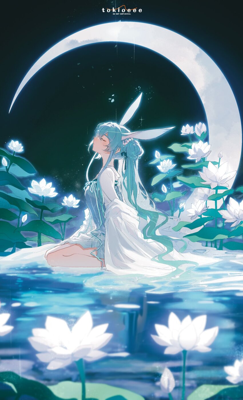 1girl animal_ears aqua_hair artist_name blue_dress closed_mouth commentary crescent_moon dress english_commentary facing_up flower full_body hair_bun hatsune_miku highres kneeling long_hair moon night rabbit_ears sitting_on_water solo tokitokiee twintails very_long_hair vocaloid white_flower white_sleeves