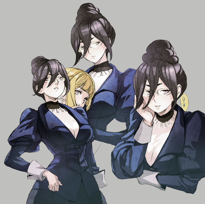 2girls black_hair blonde_hair choker formal fumitan_admoss glasses grey_background gundam gundam_tekketsu_no_orphans hair_between_eyes hair_bun kudelia_aina_bernstein maeshima_shigeki multiple_girls multiple_views puffy_sleeves simple_background single_hair_bun speech_bubble upper_body