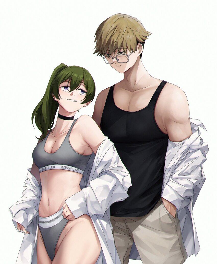 1boy 1girl absurdres artist_name behind_another black_choker black_tank_top blonde_hair bra breasts choker collarbone couple glasses green_hair grey_bra grey_panties grin hand_in_pocket high_side_ponytail highleg highleg_panties highres inkspirate land_(sousou_no_frieren) long_hair medium_breasts panties purple_eyes short_hair simple_background smile sousou_no_frieren tank_top ubel_(sousou_no_frieren) underwear very_short_hair white_background