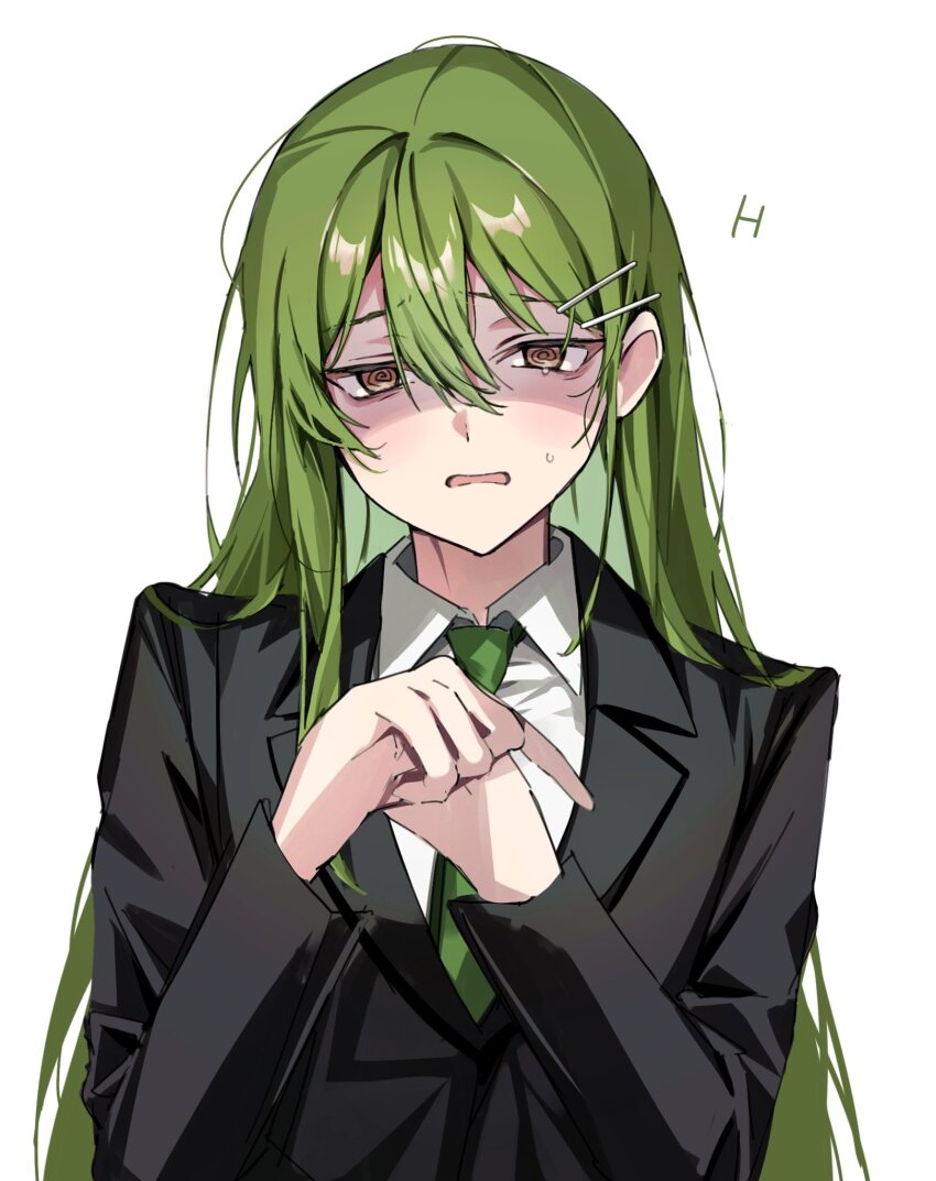 1boy black_jacket green_hair green_necktie hair_ornament hairclip hands_up highres jacket lapels lobotomy_corporation long_hair looking_at_viewer mu46016419 necktie netzach_(project_moon) notched_lapels open_mouth personality_switch project_moon shaded_face simple_background solo sweat very_long_hair white_background