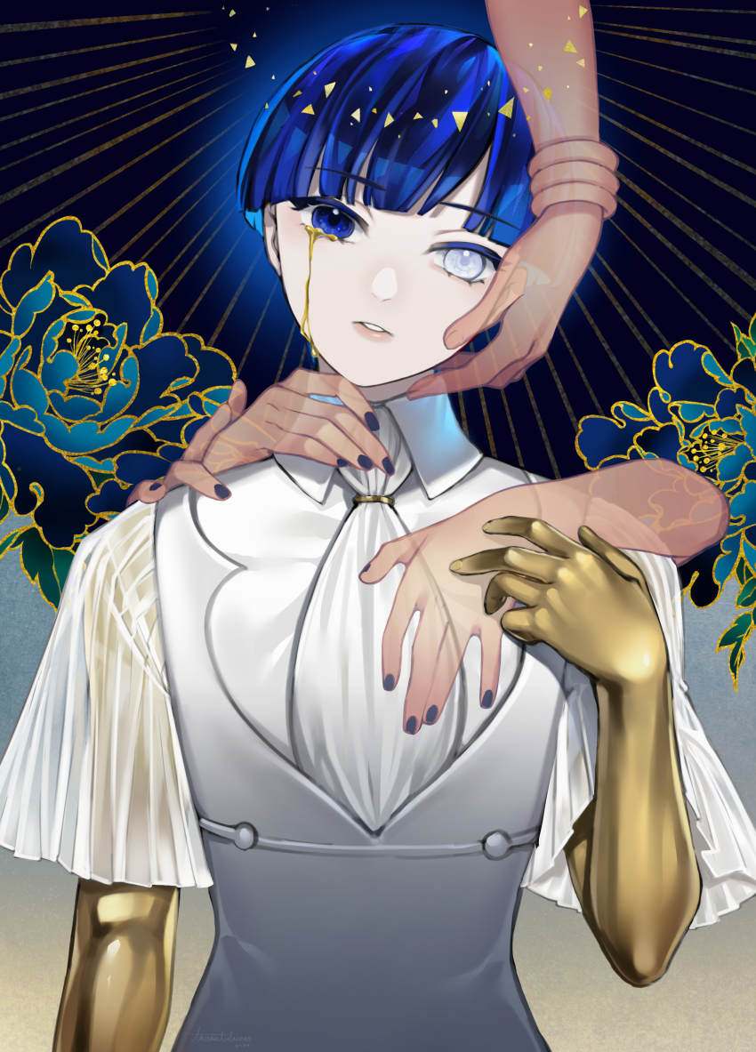 1other absurdres androgynous bangle blue_eyes blue_hair blunt_bangs bracelet collar collared_shirt colored_eyelashes crying crying_with_eyes_open crystal_hair flower gold golden_arms head_tilt heterochromia highres houseki_no_kuni jewelry looking_at_viewer other_focus phosphophyllite phosphophyllite_(ll) see-through_clothes shirt short_hair solo spoilers tarantulaines tears upper_body white_eyes