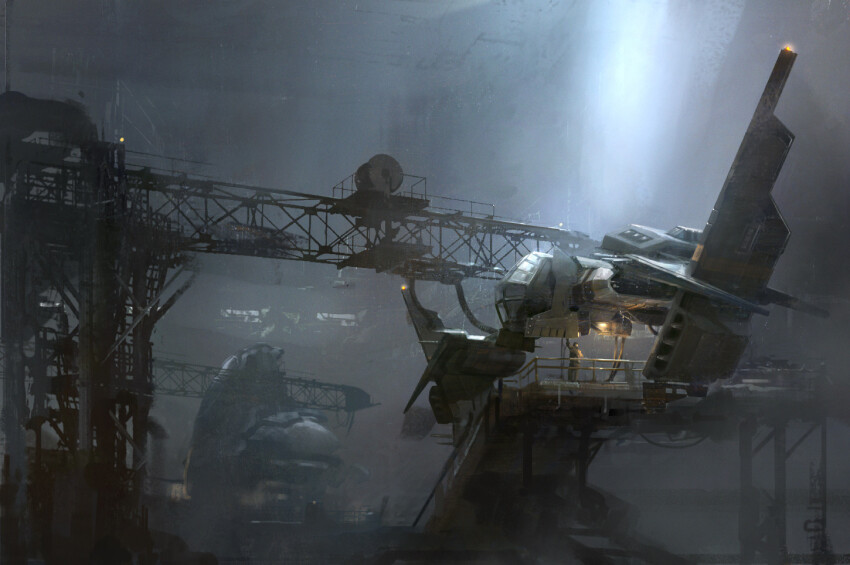 1other amarr_empire_(eve_online) ambiguous_gender borkur cable commentary concept_art einherji_(eve_online) eve:_valkyrie eve_online fog glowing grey_theme hangar indoors light_fighter_(eve_online) military_vehicle minmatar_republic_(eve_online) railing realistic science_fiction spacecraft starfighter