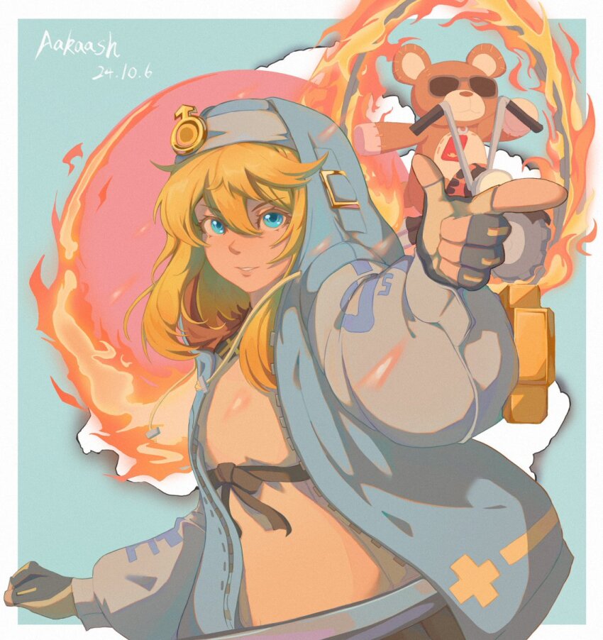 1boy aakaash artist_name blonde_hair blue_eyes bridget_(guilty_gear) crossdressing fingerless_gloves fire gloves guilty_gear guilty_gear_strive highres hood hoodie male_focus mars_symbol medium_hair messy_hair motor_vehicle non-web_source pointing pointing_at_viewer roger_(guilty_gear) signature source_request stuffed_animal stuffed_toy sunglasses teddy_bear trap