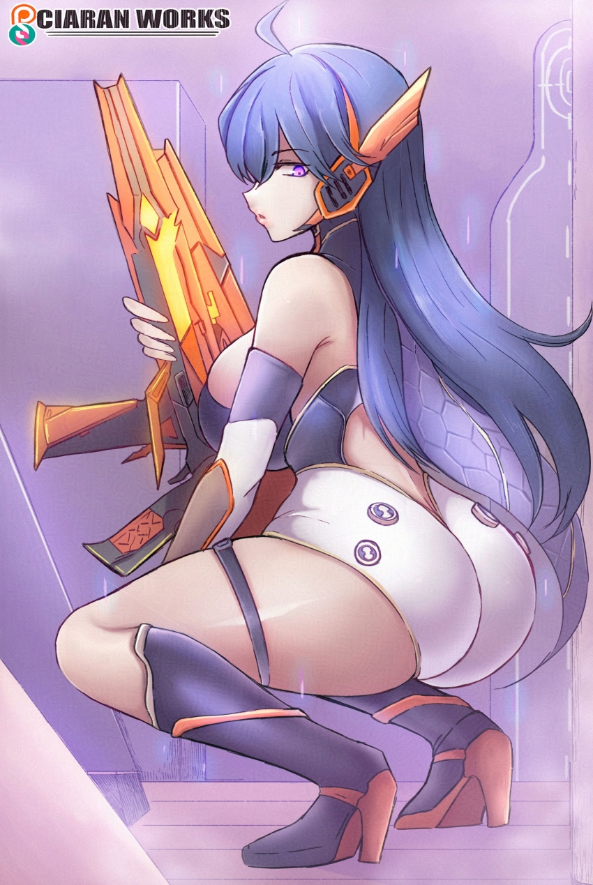 absurdres artist_name ass back blue_hair breasts ciaran commission commissioner_upload gun highres holding holding_gun holding_weapon large_breasts lawine_(strinova) patreon_logo purple_eyes single_bare_shoulder squatting strinova subscribestar_logo weapon