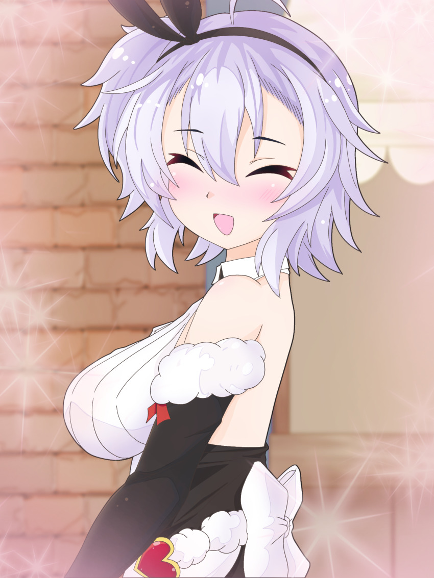 1girl :d azur_lane back_bow backless_outfit bare_back bare_shoulders black_hairband bow breasts closed_eyes facing_viewer from_side fur_trim hair_between_eyes hairband highres kent_(azur_lane) light_purple_hair medium_breasts medium_hair open_mouth smile solo white_bow zerozeroover