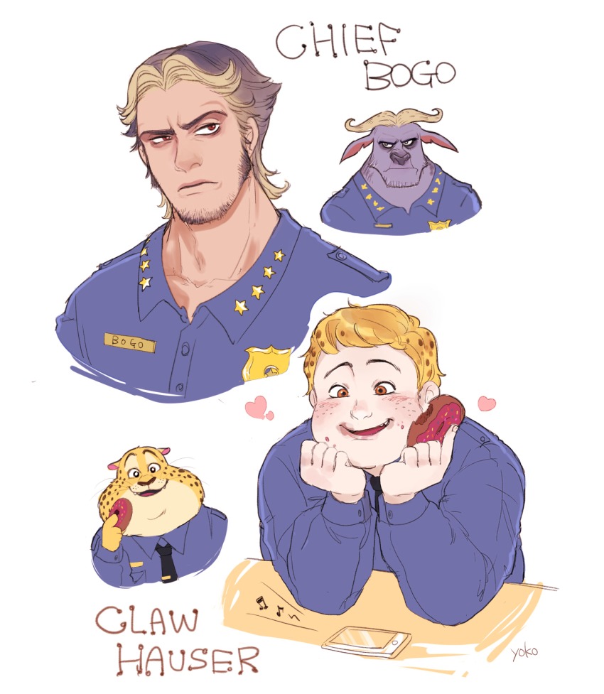 2boys animal benjamin_clawhauser blonde_hair brown_hair character_name chief_bogo disney doughnut facial_hair food highres multiple_boys personification short_hair smile yokotn zootopia