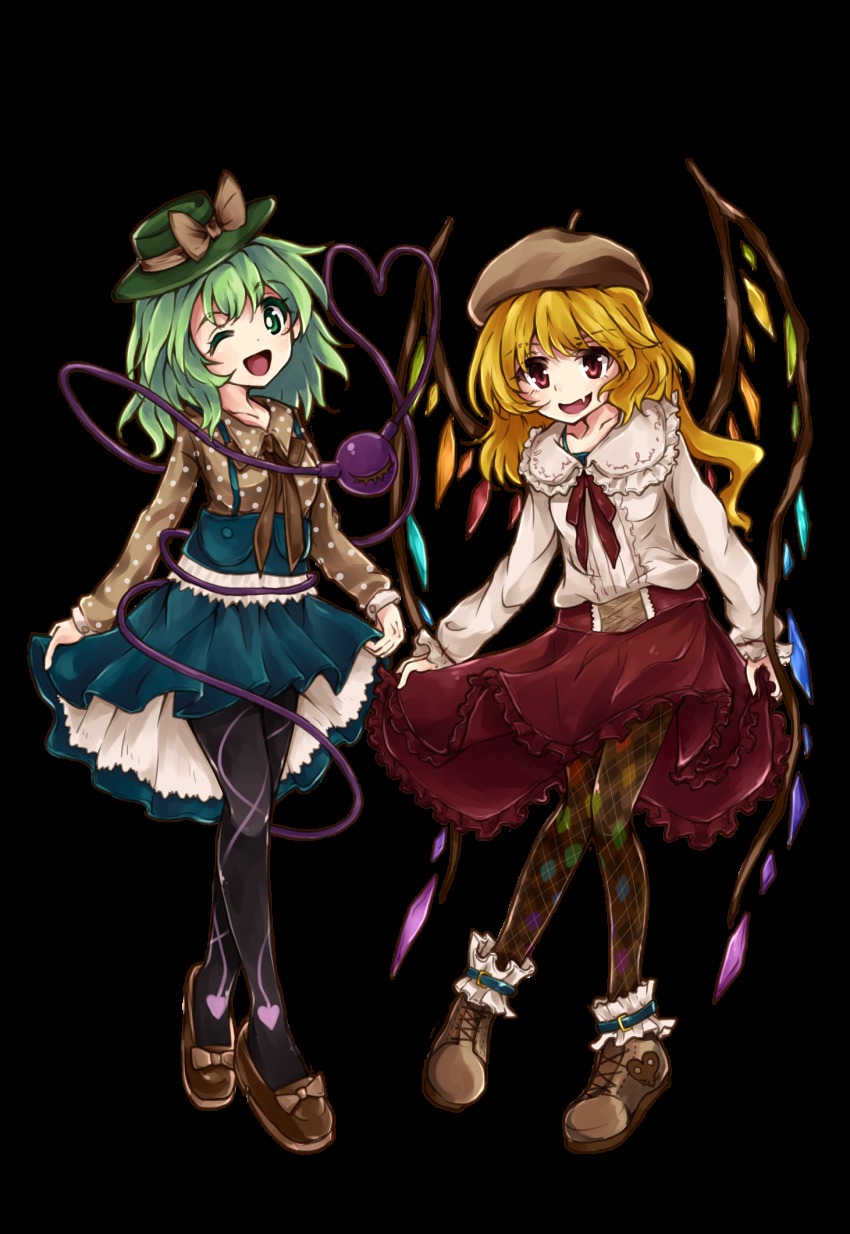 2girls alternate_costume argyle_clothes argyle_legwear black_legwear blonde_hair blue_skirt bow brown_bow brown_footwear casual clothes_lift contemporary fang flandre_scarlet footwear_bow full_body green_eyes green_hair green_hat hat hat_bow heart heart_of_string high-waist_skirt highres karua_m komeiji_koishi leaning_forward lifting_own_clothes long_hair long_sleeves looking_at_viewer miniskirt multiple_girls one_eye_closed open_mouth pantyhose pleated_skirt polka_dot red_eyes red_skirt shoes simple_background skirt skirt_lift smile suspenders third_eye touhou transparent_background wings