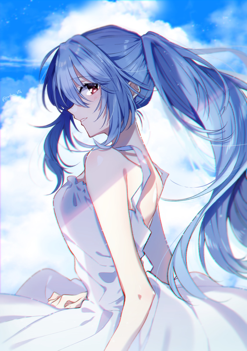 1girl absurdres alternate_hair_length alternate_hairstyle ayanami_rei bad_id bad_pixiv_id blue_hair blue_sky blush cloud day dress floating_hair from_side grin hair_between_eyes highres long_hair looking_at_viewer looking_to_the_side neon_genesis_evangelion outdoors ponytail profile red_eyes sky sleeveless sleeveless_dress smile solo sundress very_long_hair white_dress yoshio_296