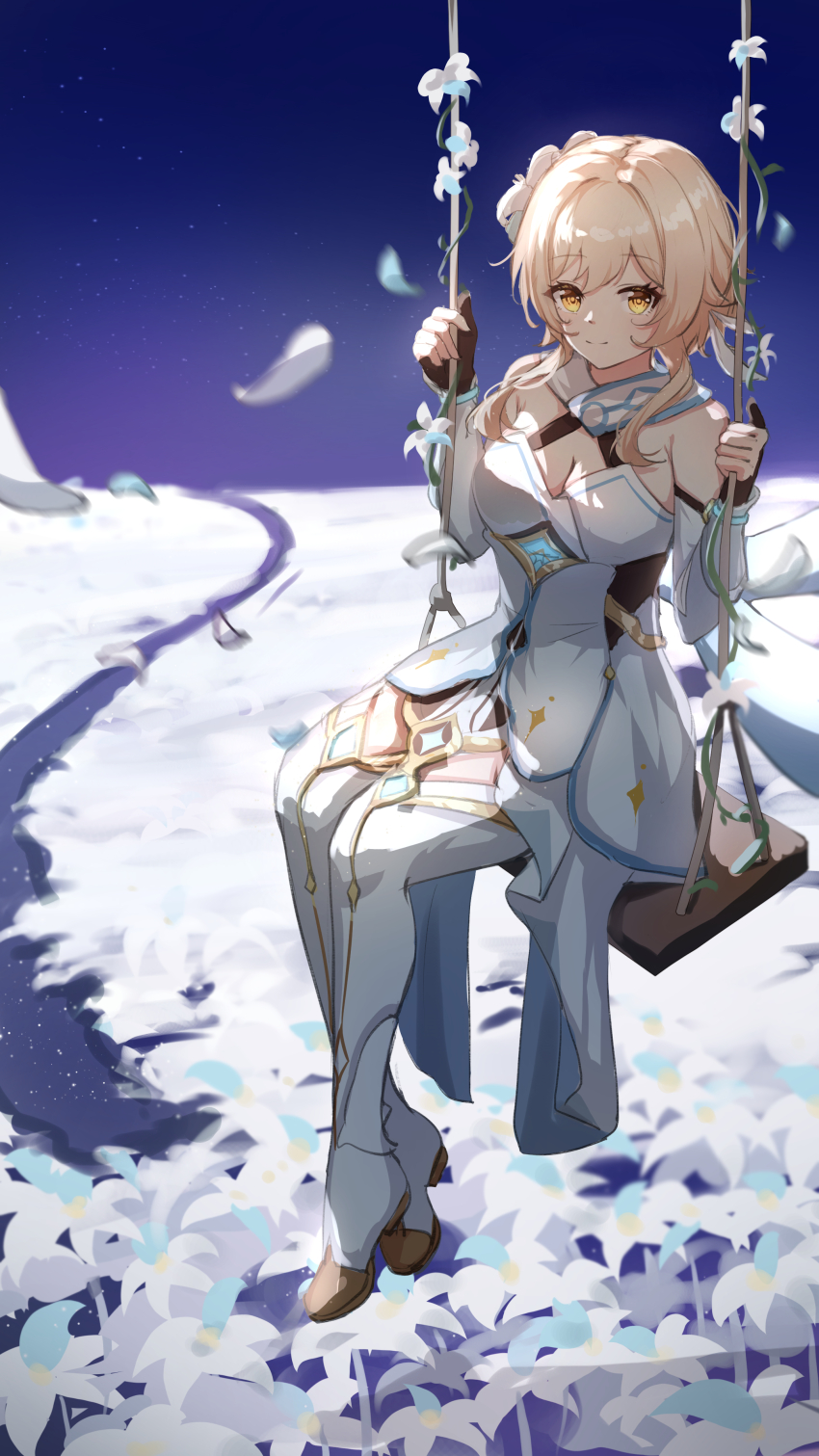 1girl absurdres bare_shoulders blonde_hair boots breasts chinese_commentary cleavage commentary_request dress elbow_gloves flower genshin_impact gloves hands_up high_heel_boots high_heels highres kong_ting lumine_(genshin_impact) medium_breasts night night_sky outdoors partially_fingerless_gloves short_hair sidelocks sitting sky sleeveless sleeveless_dress solo star_(sky) starry_sky swing thigh_boots white_dress white_flower white_footwear white_gloves white_sleeves yellow_eyes