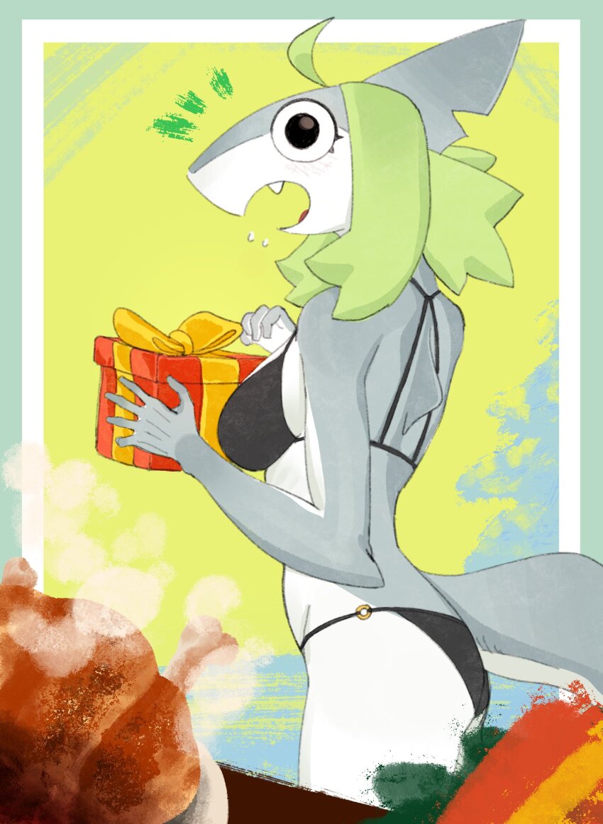 bikini black_bikini black_eyes box cat_pepper chicken_(food) christmas commentary cowboy_shot english_commentary fang fins food furry furry_female gift gift_box green_background green_hair highres holding holding_gift original shark_girl short_hair swimsuit tail