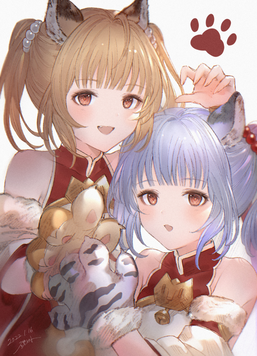 2girls animal_ears animal_hands bai_(granblue_fantasy) bare_shoulders bell blonde_hair brown_eyes claw_pose commentary_request covered_collarbone detached_sleeves dress erune fang fur-trimmed_sleeves fur_trim gloves granblue_fantasy grey_hair highres huang_(granblue_fantasy) looking_at_viewer medium_hair multiple_girls open_mouth paw_gloves paw_print red_dress siblings simple_background sisters tiger_ears tiger_girl tiger_paws twins twintails upper_body white_background yct_(yoct_o)