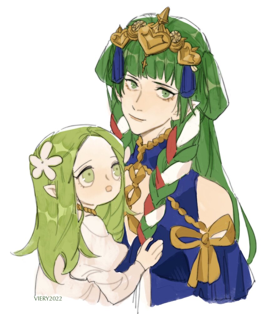 2girls aged_down braid breasts child closed_mouth clothing_cutout fire_emblem fire_emblem:_three_houses flower green_eyes green_hair hair_flower hair_ornament hair_ribbon highres julianlynnnn long_hair looking_at_another looking_at_viewer medium_breasts mother_and_daughter multiple_girls nintendo open_mouth pointy_ears rhea_(fire_emblem) ribbon ribbon_braid shirt simple_background smile sothis_(fire_emblem) tiara twin_braids upper_body white_background