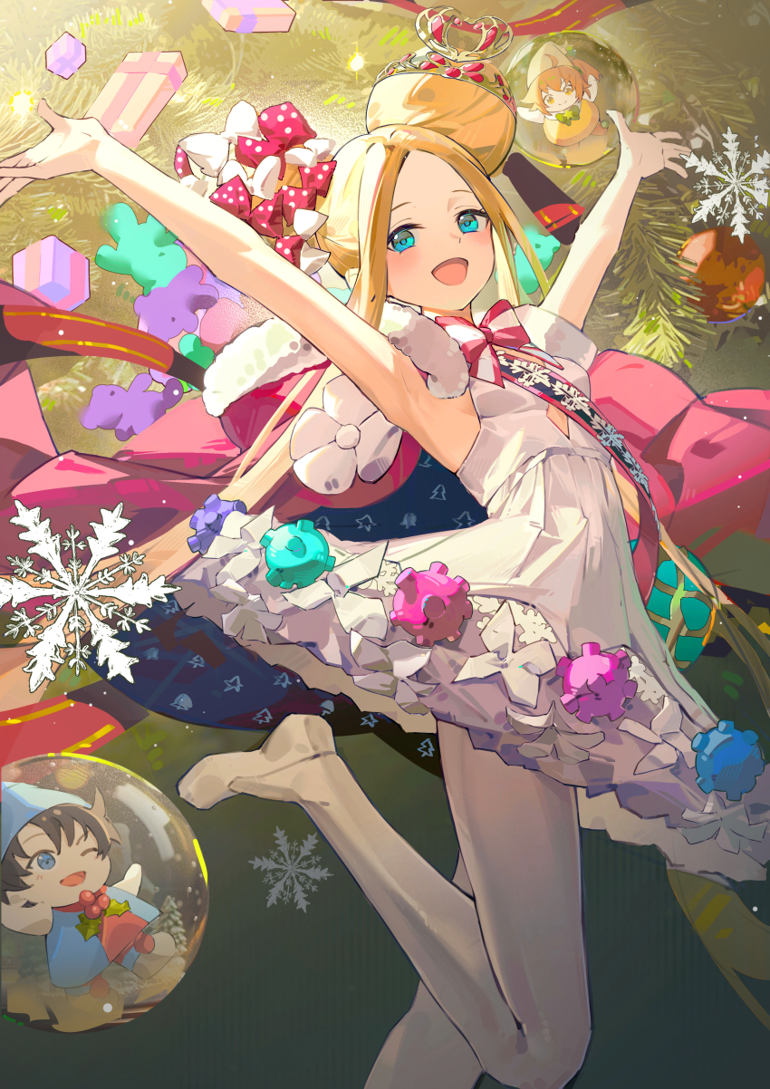 1boy 2girls abigail_williams_(fate) abigail_williams_(santa)_(fate) absurdres arms_up bare_shoulders blonde_hair blue_eyes blush bow box breasts christmas_tree cloak commentary_request double_bun dress elf fate/grand_order fate_(series) forehead fujimaru_ritsuka_(female) fujimaru_ritsuka_(male) fur-trimmed_cloak fur_trim gift gift_box hair_bow hair_bun highres long_hair looking_at_viewer multiple_girls open_mouth pantyhose parted_bangs pointy_ears red_bow red_cloak sash sidelocks small_breasts smile stuffed_animal stuffed_toy teddy_bear thighs tiara very_long_hair wang_man white_bow white_dress white_pantyhose