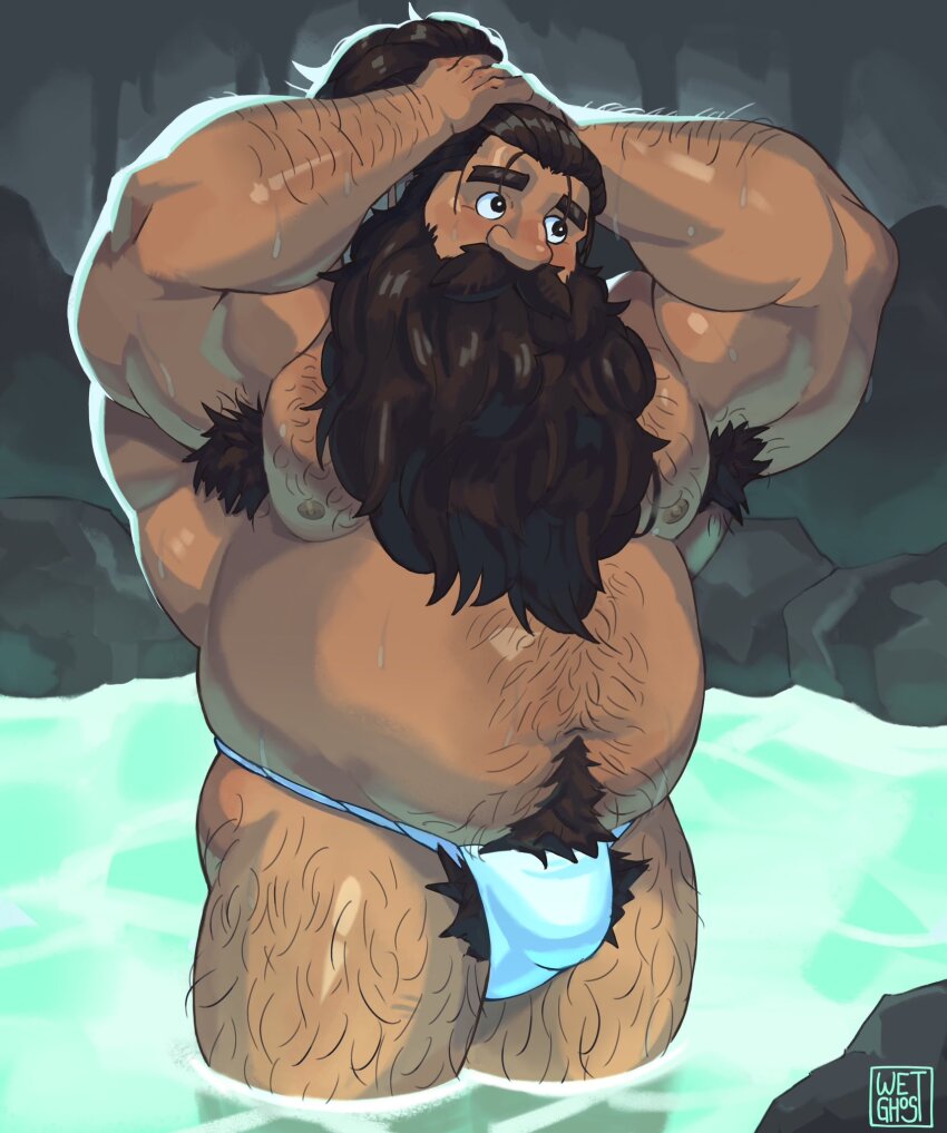 1boy bara beard beard_over_mouth blush bulge cave dungeon_meshi dwarf excessive_armpit_hair excessive_pubic_hair facial_hair fake_horns fat fat_man full_beard fundoshi hairy helmet highres horned_helmet horns japanese_clothes large_pectorals long_beard looking_to_the_side male_focus mature_male muscular muscular_male mustache navel navel_hair nipples pectorals pubic_hair pubic_hair_peek senshi_(dungeon_meshi) solo standing stomach strongman_waist thick_arm_hair thick_beard thick_chest_hair thick_leg_hair thick_mustache thick_navel_hair thick_thighs thighs tying_hair very_long_beard wading wet wet_ghost