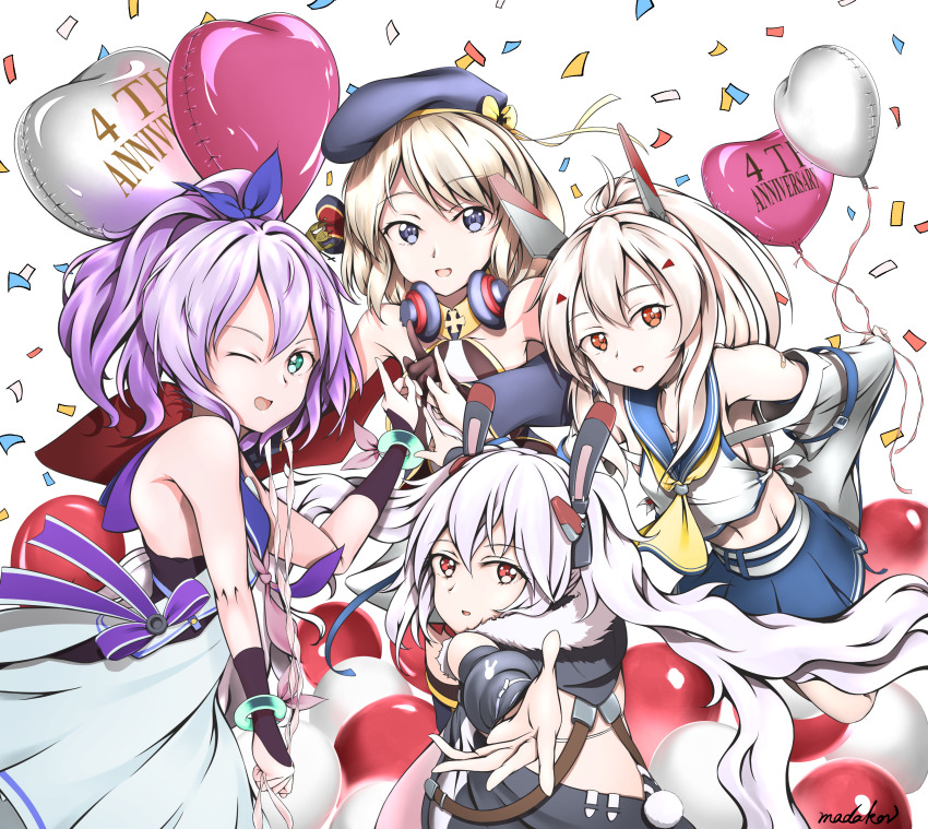 4girls absurdres animal_ears artist_name ayanami_(azur_lane) ayanami_(retrofit)_(azur_lane) azur_lane balloon bare_shoulders belt beret blue_eyes blue_sailor_collar breasts cleavage confetti crop_top cross dress fake_animal_ears gold_trim green_eyes hat headgear headphones headphones_around_neck heart_balloon highres iron_cross javelin_(azur_lane) javelin_(retrofit)_(azur_lane) laffey_(azur_lane) light_purple_hair looking_at_viewer madakov_kodima medium_breasts medium_hair miniskirt multiple_girls one_eye_closed orange_eyes platinum_blonde_hair purple_hair purple_headwear purple_ribbon rabbit_ears red_eyes retrofit_(azur_lane) ribbon sailor_collar short_hair skirt sleeveless sleeveless_dress twintails white_background white_belt white_dress wide_ponytail yellow_neckwear z23_(azur_lane) z23_(retrofit)_(azur_lane)