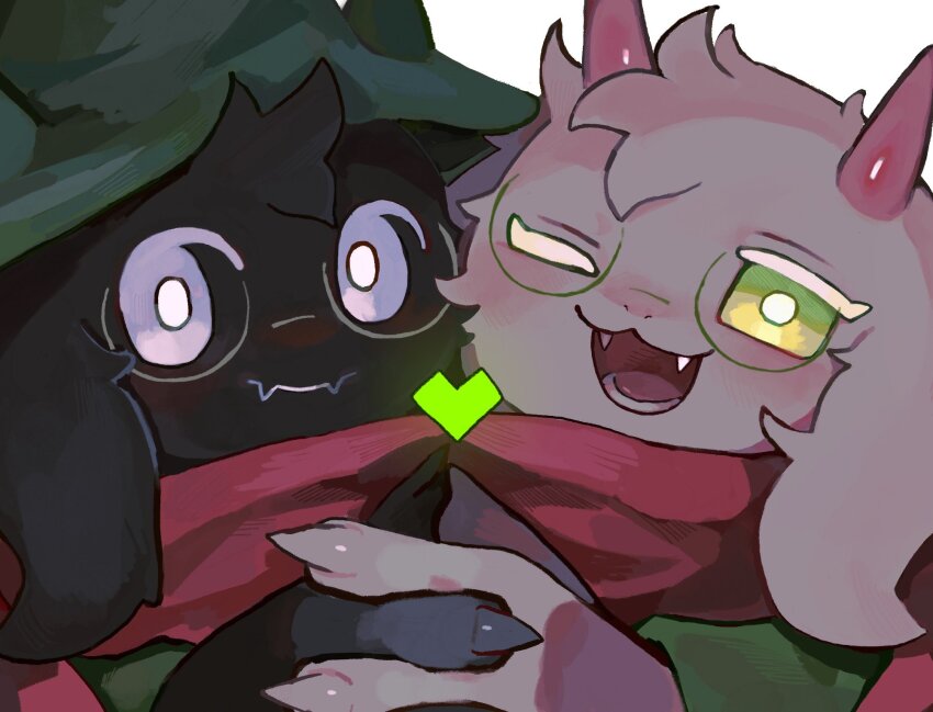 2boys :3 animal_ears black_fur bright_pupils cheek-to-cheek closed_mouth colored_eyelashes commentary_request deltarune dual_persona fangs furry furry_male glowing glowing_eye goat_boy goat_ears green_eyes green_hat grey-framed_eyewear hat heads_together heart highres holding_hands horns interlocked_fingers long_sleeves looking_at_viewer male_focus multiple_boys one_eye_closed open_mouth pink_horns pink_scarf portrait ralsei round_eyewear scarf semi-rimless_eyewear simple_background tongue uminosoko44 white_background white_eyes white_fur white_pupils