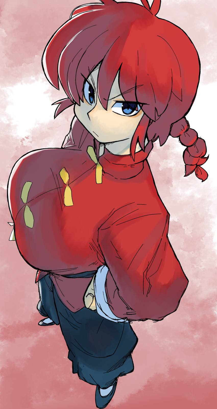 1girl absurdres beffen_m black_footwear black_pants blue_eyes breasts chinese_clothes from_above highres looking_at_viewer pants ranma-chan ranma_1/2 red_hair red_shirt shirt short_hair