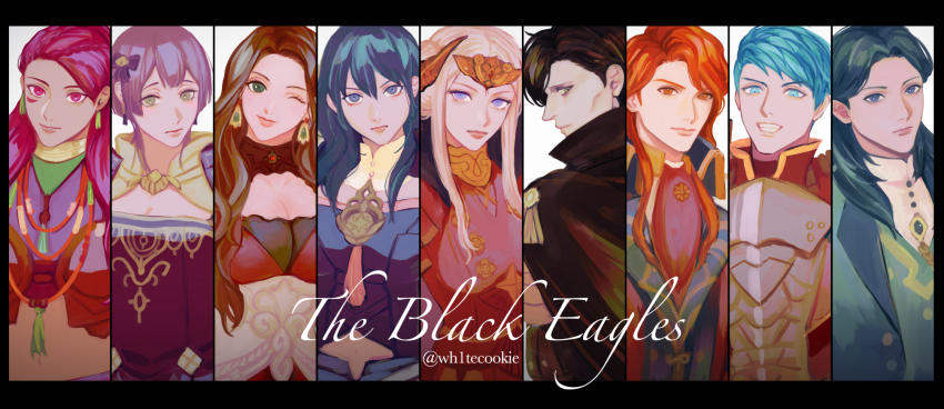 4boys 5girls armor artist_name bernadetta_von_varley black_cape black_hair blue_hair braid brown_hair byleth_(female)_(fire_emblem) byleth_(fire_emblem) cape caspar_von_bergliez dorothea_arnault dress earrings edelgard_von_hresvelg english_text ferdinand_von_aegir fire fire_emblem fire_emblem:_three_houses green_hair highres horn_ornament horns hubert_von_vestra jewelry linhardt_von_hevring looking_at_viewer multiple_boys multiple_girls nintendo one_eye_closed orange_hair petra_macneary purple_hair red_dress red_hair twitter_username wh1tecookie white_hair