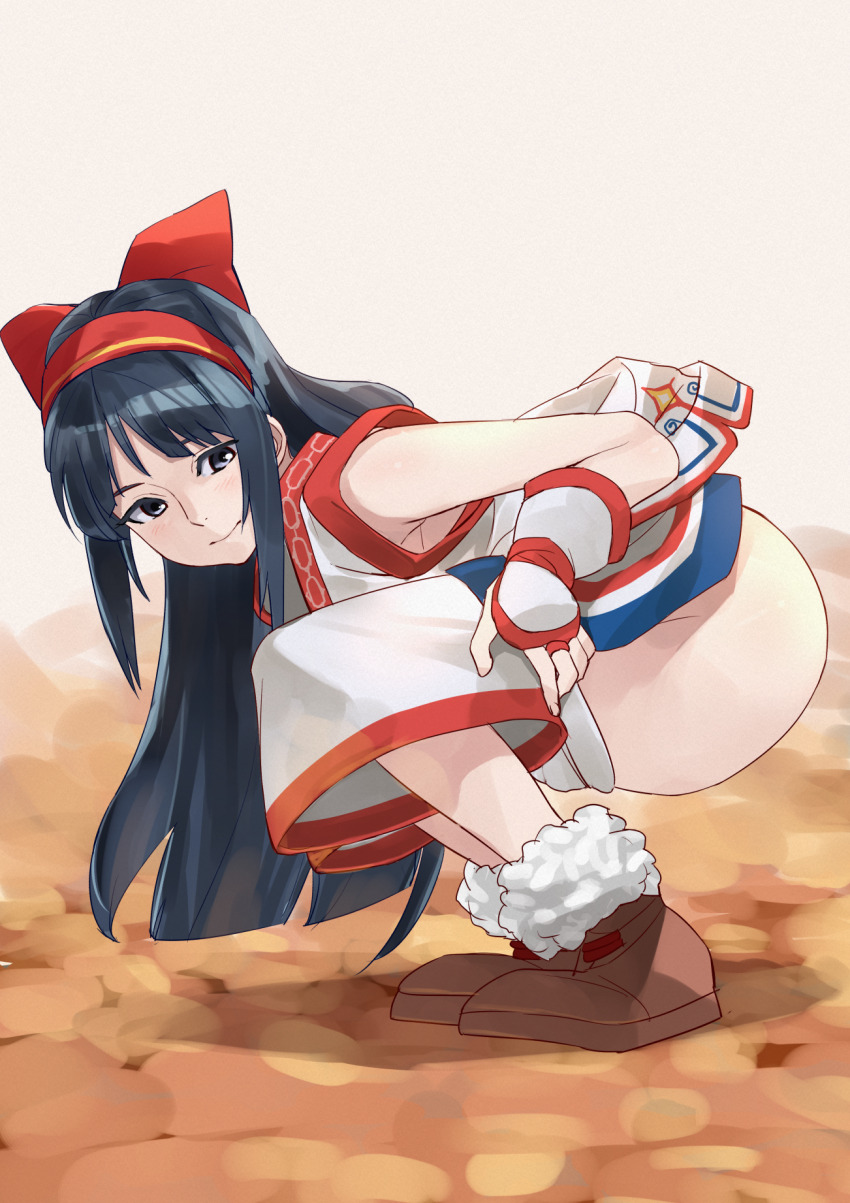 1girl ainu_clothes armpit_peek ass black_hair boots clothes_pull coveredcore fingerless_gloves from_side gloves grey_eyes hair_ribbon highres huge_ass long_hair looking_down nakoruru no_panties pants pants_pull ribbon samurai_spirits smile snk solo squatting the_king_of_fighters the_king_of_fighters_xv themanyoukilled thick_thighs thighs