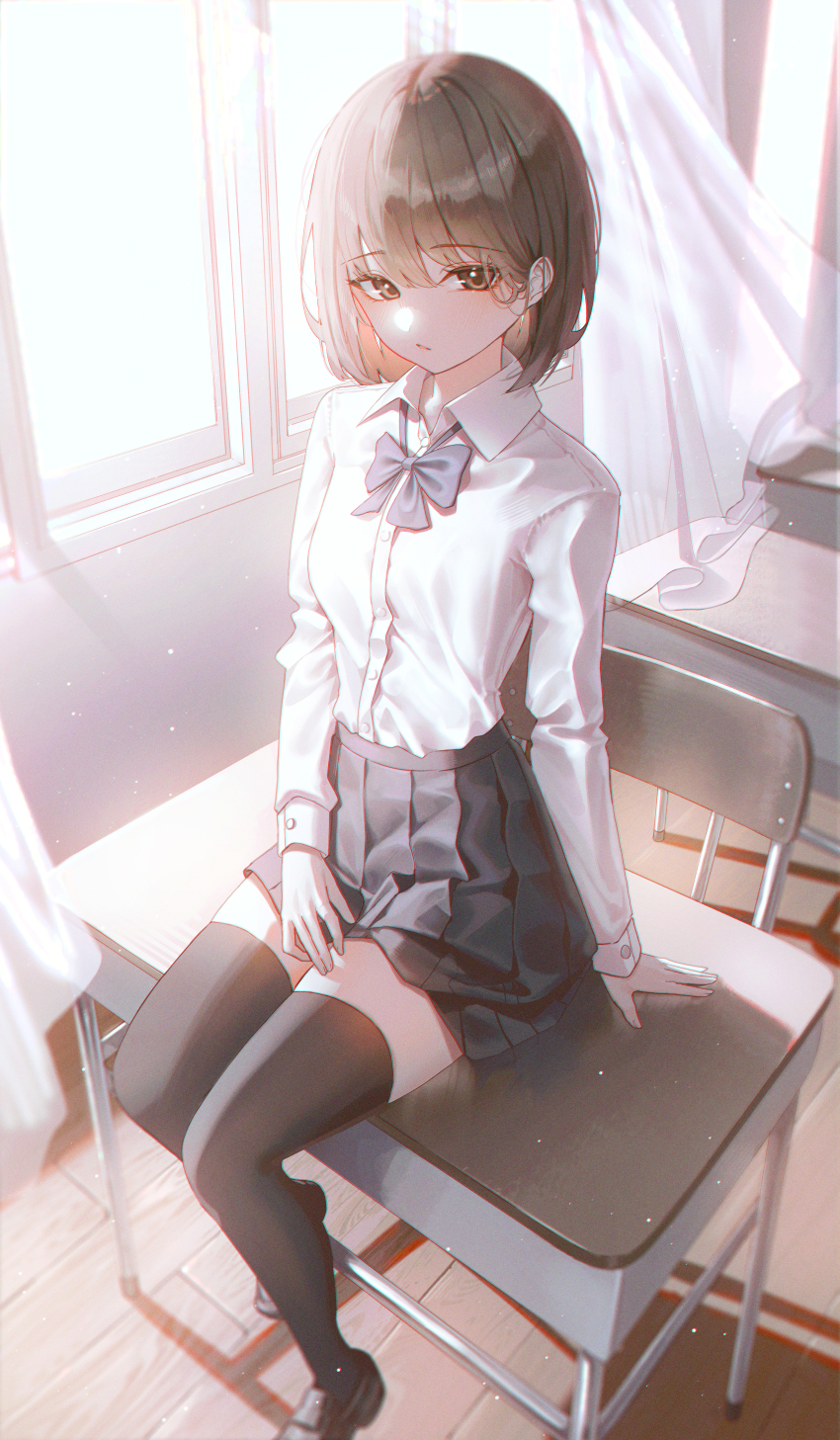 1girl absurdres black_skirt black_thighhighs bow bowtie brown_eyes brown_hair chair classroom closed_mouth collared_shirt curtains desk domi_(hongsung0819) highres indoors loafers long_sleeves looking_at_viewer on_desk original pleated_skirt school_chair school_desk school_uniform shirt shirt_tucked_in shoes short_hair sitting skirt solo thighhighs white_shirt window zettai_ryouiki