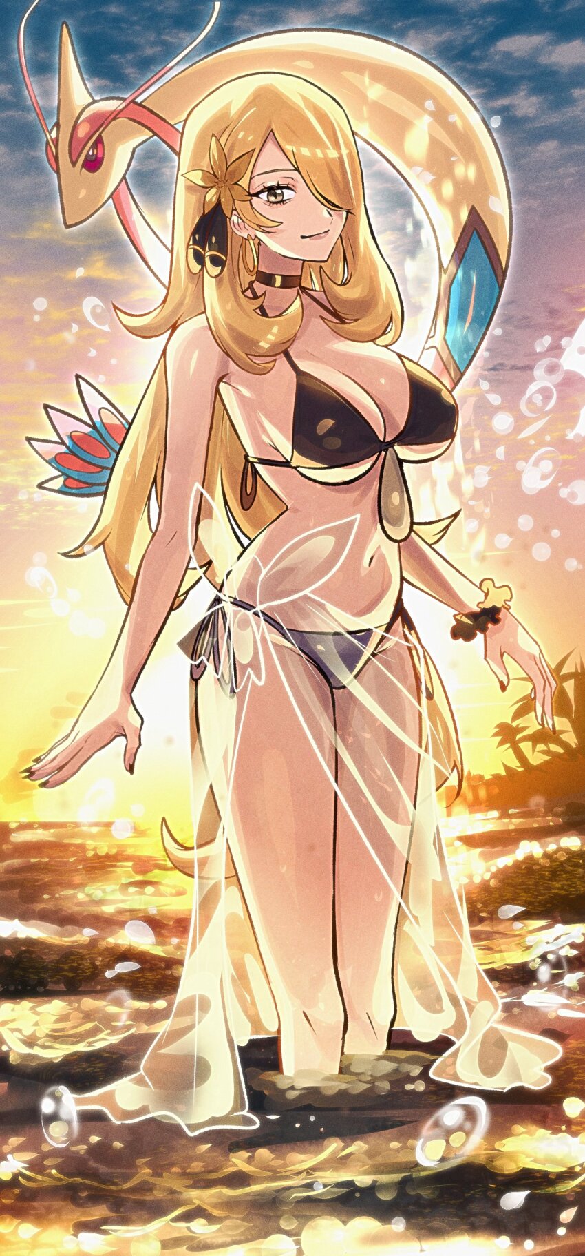 1girl absurdres bikini black_bikini blonde_hair breasts creatures_(company) cynthia_(pokemon) day game_freak gen_3_pokemon grey_eyes hair_ornament hair_over_one_eye highres large_breasts long_hair looking_at_viewer milotic nintendo ocean outdoors pokemon pokemon_(creature) pokemon_dppt pokemon_platinum ryairyai smile sunset swimsuit very_long_hair water