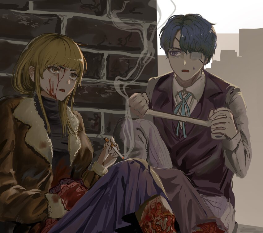 1boy 1girl aqua_ribbon black_hair black_sweater black_vest blonde_hair blood blood_on_face blood_on_feet blood_on_hands bomber_jacket breasts brick_wall brown_eyes brown_jacket chira_fh cigarette collared_shirt daan_(fear_&amp;_hunger) eyepatch fear_&amp;_hunger_(series) fear_&amp;_hunger_2:_termina first_aid grey_pants hashtag-only_commentary highres holding holding_bandages holding_cigarette jacket karin_(fear_&amp;_hunger) large_breasts long_sleeves medical_eyepatch neck_ribbon on_one_knee open_clothes open_jacket open_mouth pants purple_skirt ribbon shirt sitting skirt smoking sweat sweater vest white_shirt