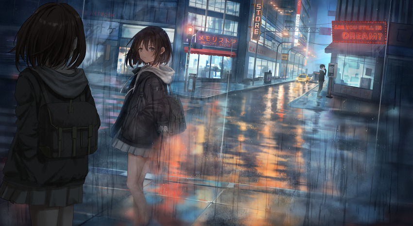 backpack bag black_bag black_jacket brown_eyes brown_hair catzz hair_between_eyes highres hood hoodie jacket looking_at_mirror miniskirt mirror night original parted_lips rain road scenery skirt solo_focus standing street traffic_light white_hoodie white_skirt