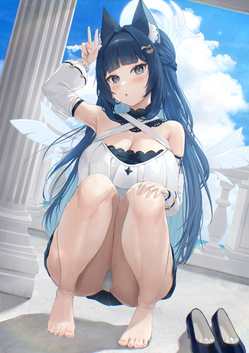 1girl :o absurdres angel angel_wings animal_ear_fluff animal_ears arm_strap armpits bare_shoulders barefoot black_collar black_footwear black_hair black_shirt black_skirt blue_hair blue_sky blush braid breasts broken_pillar cleavage cloud collar colored_inner_hair criss-cross_halter detached_sleeves fox_ears grey_eyes hair_ornament hairclip halo halter_shirt halterneck hand_on_own_knee highres iruni_(meridian_project) lace lace-trimmed_collar lace-trimmed_shirt lace_trim large_breasts legs long_hair looking_at_viewer meridian_project miniskirt multicolored_hair oukafafafa panties pantyshot pillar pleated_skirt shirt shoes skirt sky solo squatting underwear unworn_shoes very_long_hair virtual_youtuber w white_halo white_panties white_shirt white_sleeves wings