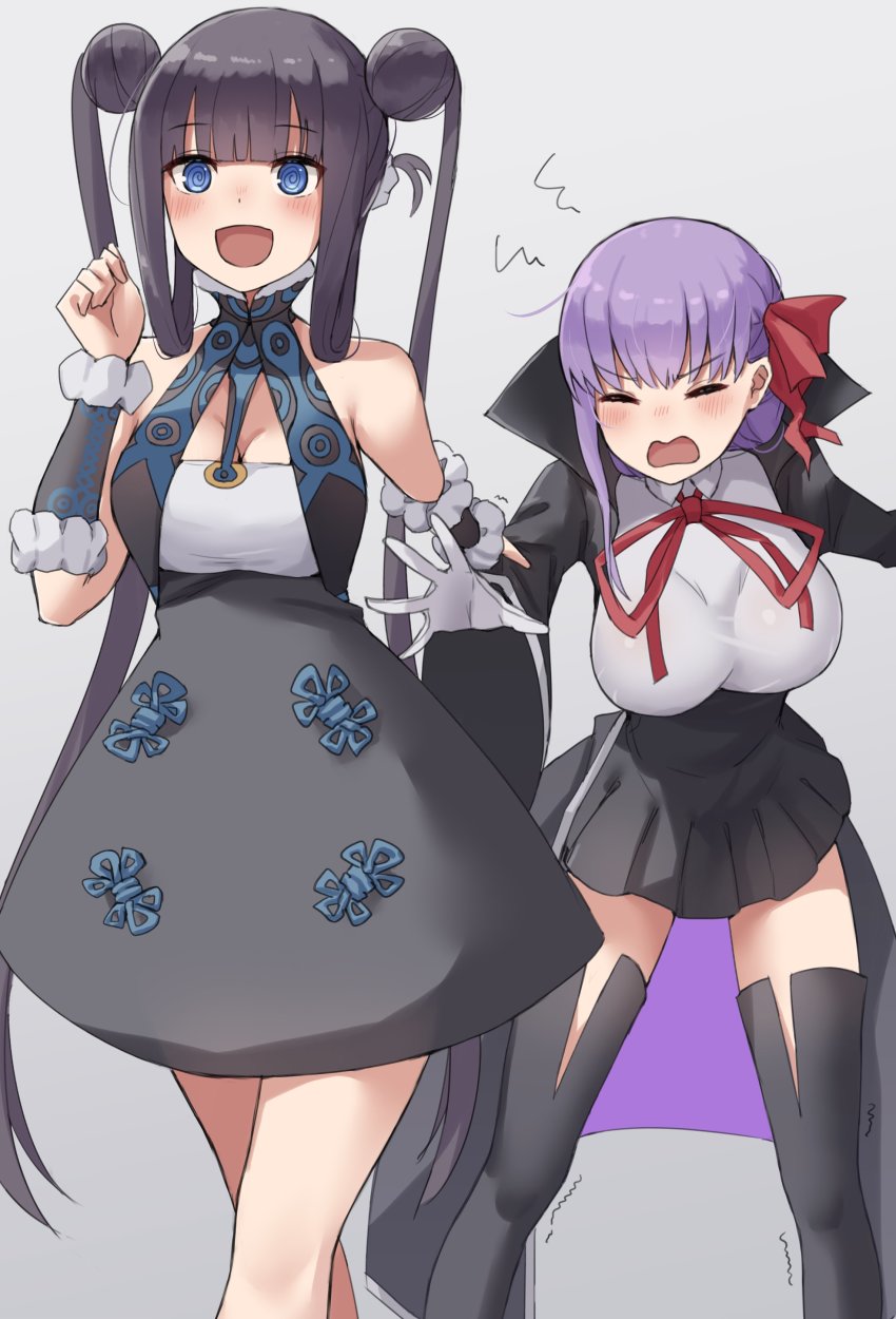 2girls @_@ absurdres bare_shoulders bb_(fate) bb_(fate/extra) black_coat black_dress black_skirt blue_eyes blush breasts closed_eyes coat detached_sleeves double_bun dress fate/extra fate/extra_ccc fate/grand_order fate_(series) gloves hair_bun hair_ribbon high-waist_skirt highres kopaka_(karda_nui) large_breasts leotard long_hair long_sleeves looking_at_viewer multiple_girls neck_ribbon open_clothes open_coat open_mouth popped_collar purple_hair red_ribbon ribbon sidelocks skirt smile thighs twintails very_long_hair white_gloves white_leotard wide_sleeves yang_guifei_(fate) yang_guifei_(first_ascension)_(fate)