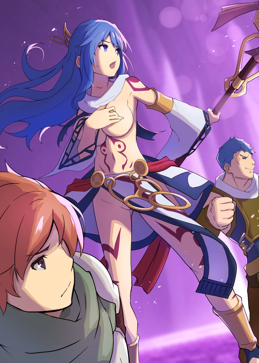 1girl 2boys absurdres adol_christin arm_tattoo armor blue_eyes blue_hair bottomless breasts commentary_request covering_breasts covering_privates detached_sleeves dogi_(ys) from_side gluteal_fold higarou highres holding holding_staff large_breasts leg_tattoo long_hair multiple_boys navel no_panties red_hair revealing_clothes short_hair shoulder_armor spoilers staff stomach stomach_tattoo tattoo tia_(ys) tialuna_(ys) underboob ys ys_seven