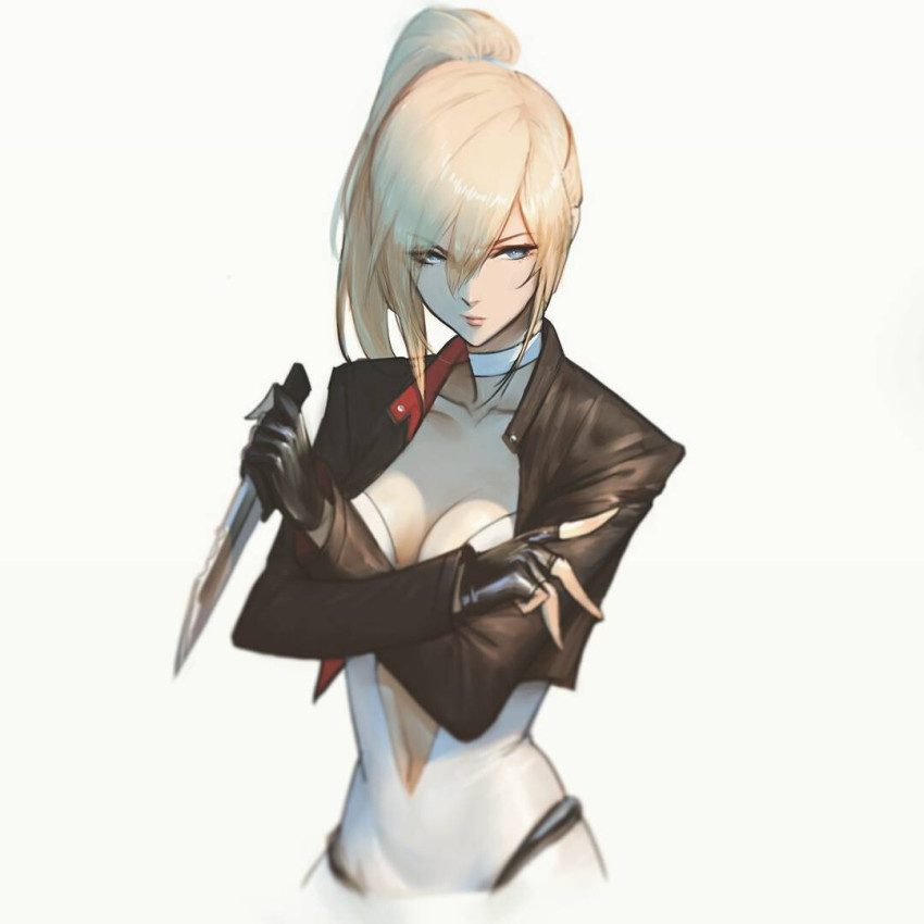 1girl black_gloves blonde_hair blue_eyes breasts center_opening choker cleavage closed_mouth collarbone cropped_jacket crossed_arms eyes_visible_through_hair fingerless_gloves gloves hair_between_eyes holding holding_knife holding_weapon jacket knife leotard long_hair looking_at_viewer medium_breasts navel open_clothes open_jacket original ponytail raikoart solo strapless strapless_leotard tess_turner weapon white_background white_leotard