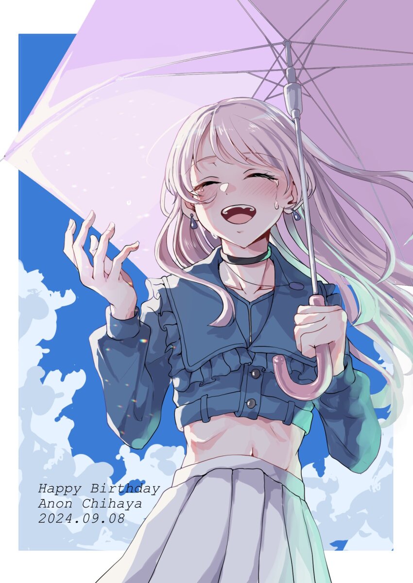 1girl bang_dream! bang_dream!_it&#039;s_mygo!!!!! black_choker blue_background blue_jacket blush border character_name chihaya_anon choker closed_eyes cloud collarbone commentary cowboy_shot cropped_jacket crying dated floating_hair frilled_jacket frills hand_up happy_birthday highres holding holding_umbrella jacket long_hair long_sleeves midriff navel open_mouth outside_border pink_hair pink_umbrella pleated_skirt rousei skirt solo teeth umbrella upper_teeth_only white_border white_skirt