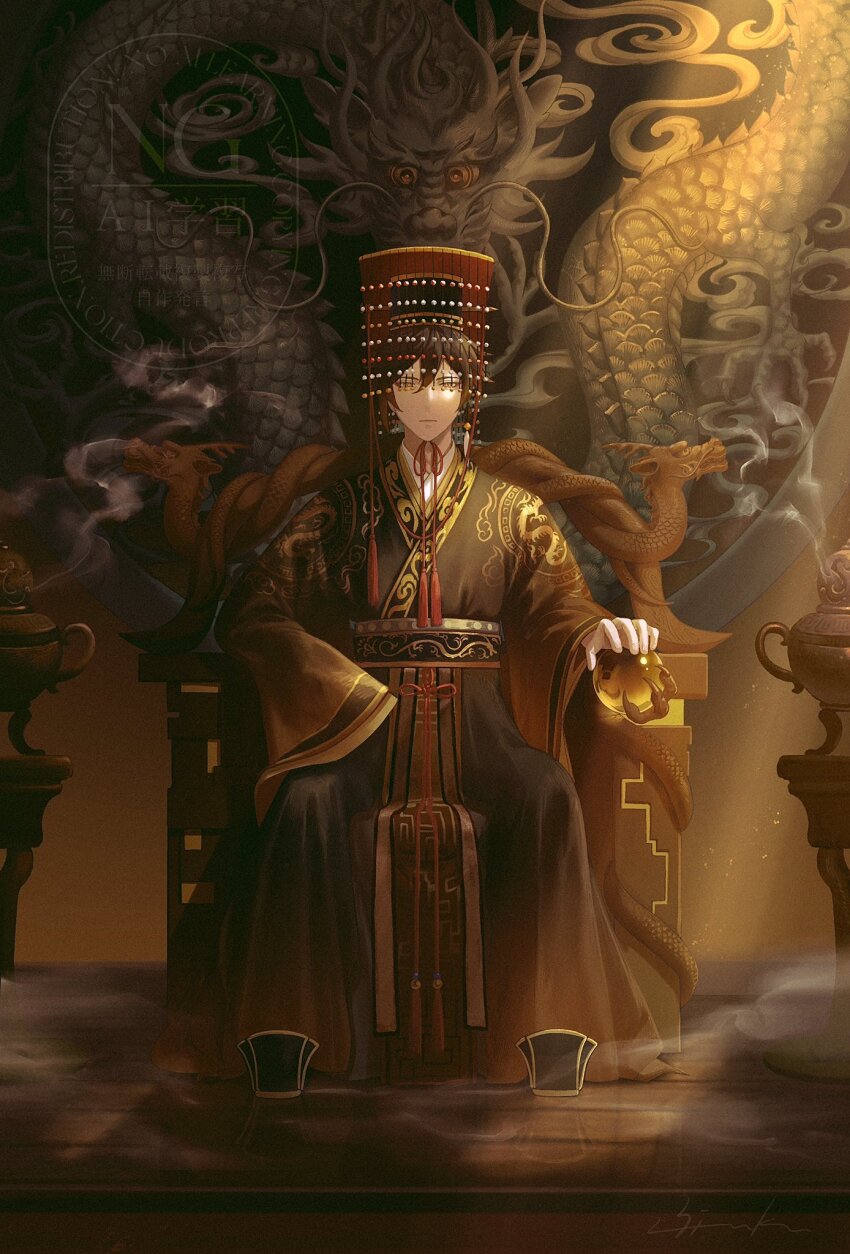 1boy alternate_costume arm_rest black_footwear black_sash brown_hair brown_hanfu brown_robe chinese_clothes commentary_request dragon dragon_print earrings eastern_dragon full_body genshin_impact gradient_hair guan_hat hair_between_eyes hanfu highres incense incense_burner jewelry king light_particles long_sleeves longpao looking_at_viewer male_focus mian_guan mizuku_hei multicolored_hair mural reflective_floor robe sash single_earring sitting sitting_on_throne solo straight-on tassel throne wooden_floor yellow_eyes yuntouxie zhongli_(genshin_impact)