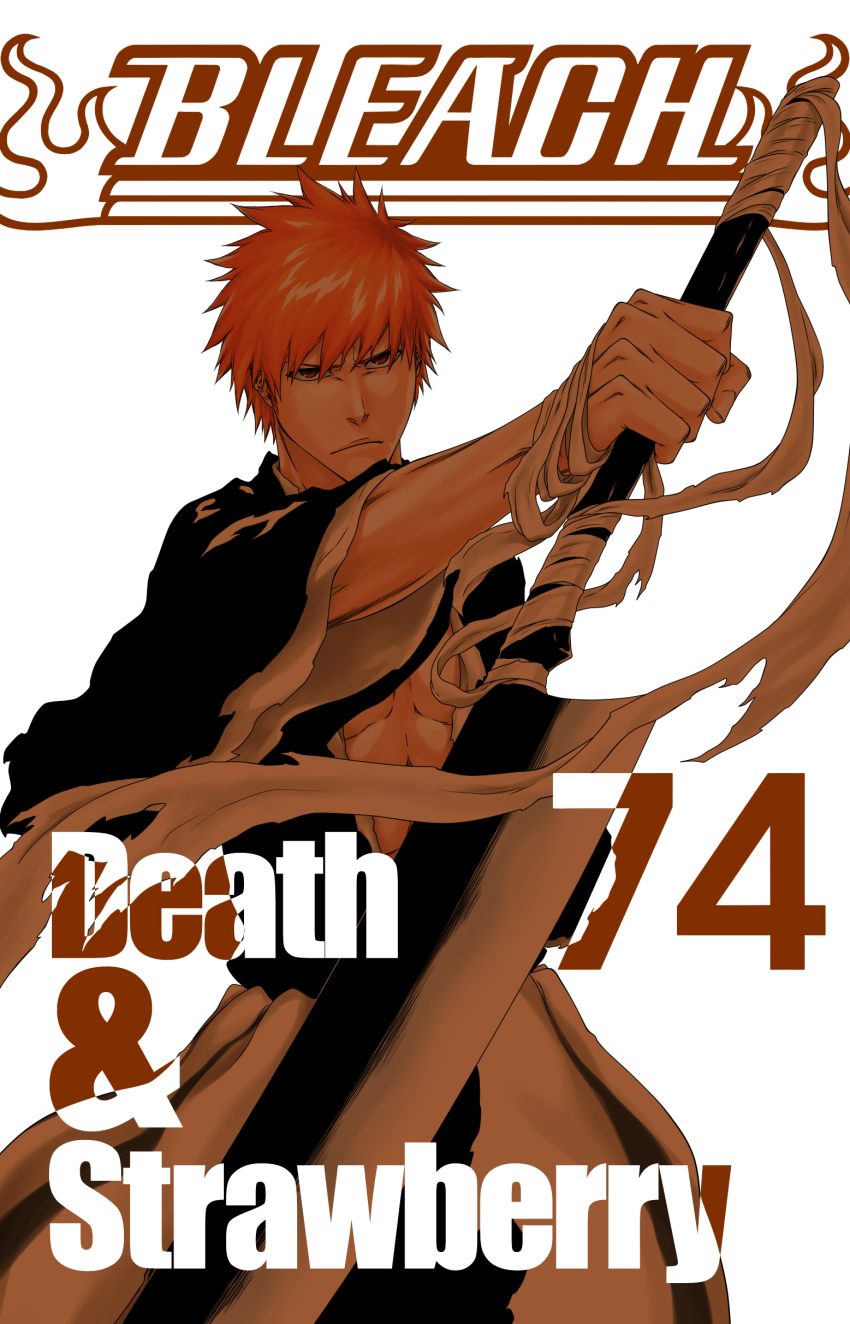 &gt;:( 1boy absurdres bandages black_kimono bleach bleachist brown_eyes commentary_request copyright_name cover cowboy_shot english_text fake_cover fighting_stance hair_between_eyes highres holding holding_sword holding_weapon japanese_clothes kimono kurosaki_ichigo long_sleeves looking_at_viewer male_focus official_style orange_hair short_hair simple_background solo spiked_hair standing sword torn_clothes torn_kimono v-shaped_eyebrows weapon white_background wide_sleeves zangetsu_(shikai) zanpakutou