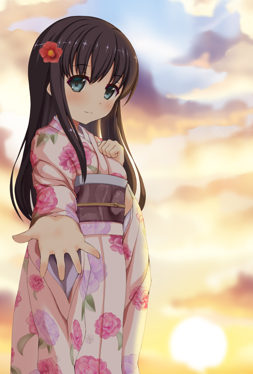 1girl bad_id bad_pixiv_id blue_eyes blush brown_hair cloud female_focus flower hair_flower hair_ornament highres japanese_clothes kimono long_hair ordeal original sky smile solo tsukimizu_(ordeal)