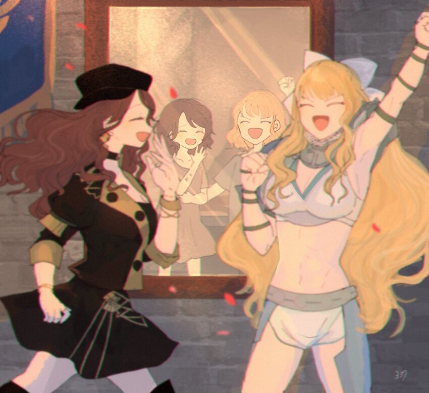 2girls :d ^_^ aged_down arm_up armpits black_hair breasts brown_hair charlotte_(fire_emblem) cleavage clenched_hand closed_eyes commentary_request different_reflection dorothea_arnault falling_petals fire_emblem fire_emblem:_three_houses fire_emblem_fates garreg_mach_monastery_uniform highres in-franchise_crossover indoors large_breasts long_hair mirror multiple_girls nintendo open_mouth petals reflection sasaki_(dkenpisss) smile toned toned_female v-shaped_eyebrows walking