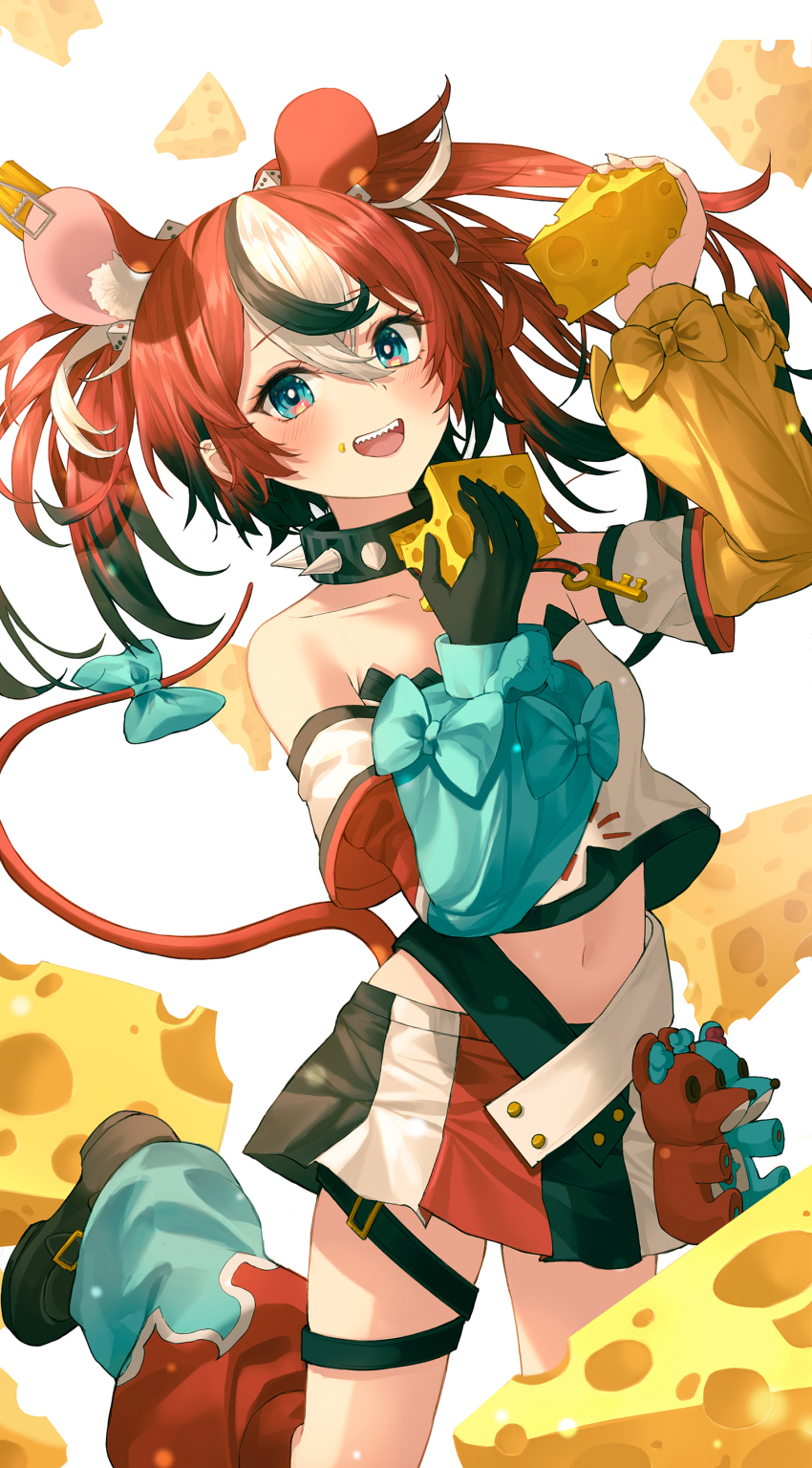 1girl absurdres animal_ears black_footwear black_gloves black_hair blue_bow blue_eyes blush boots bow cheese collarbone detached_sleeves food gloves hakos_baelz highres holding holding_food hololive hololive_english mouse_ears mouse_girl multicolored_hair navel red_hair sharp_teeth shirt smile solo tail tail_bow tail_ornament teeth tem thigh_strap tube_socks virtual_youtuber white_hair white_shirt