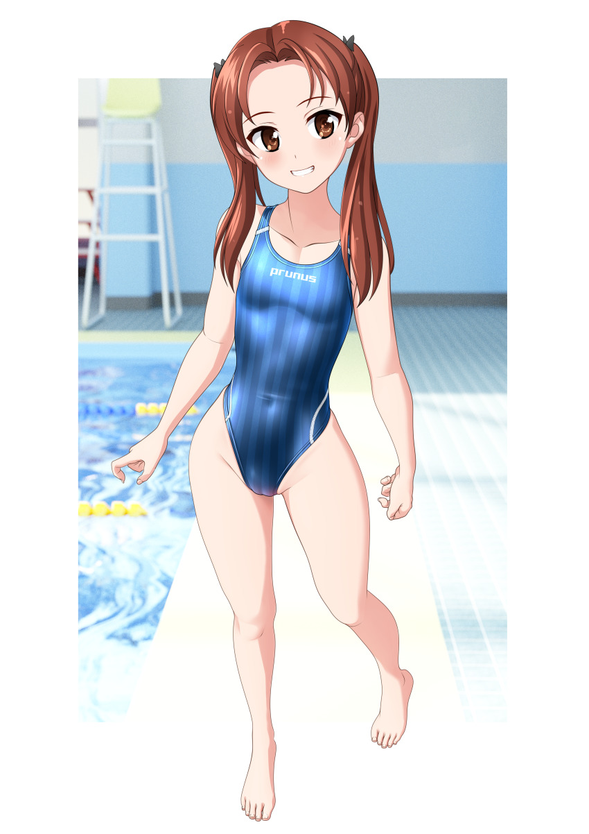 1girl absurdres blue_one-piece_swimsuit breasts brown_eyes brown_hair commentary_request competition_swimsuit covered_navel full_body girls_und_panzer grin groin highleg highleg_one-piece_swimsuit highres kadotani_anzu lifeguard_chair long_sleeves one-piece_swimsuit poolside small_breasts smile solo striped_clothes striped_one-piece_swimsuit swimsuit takafumi twintails variant_set walking