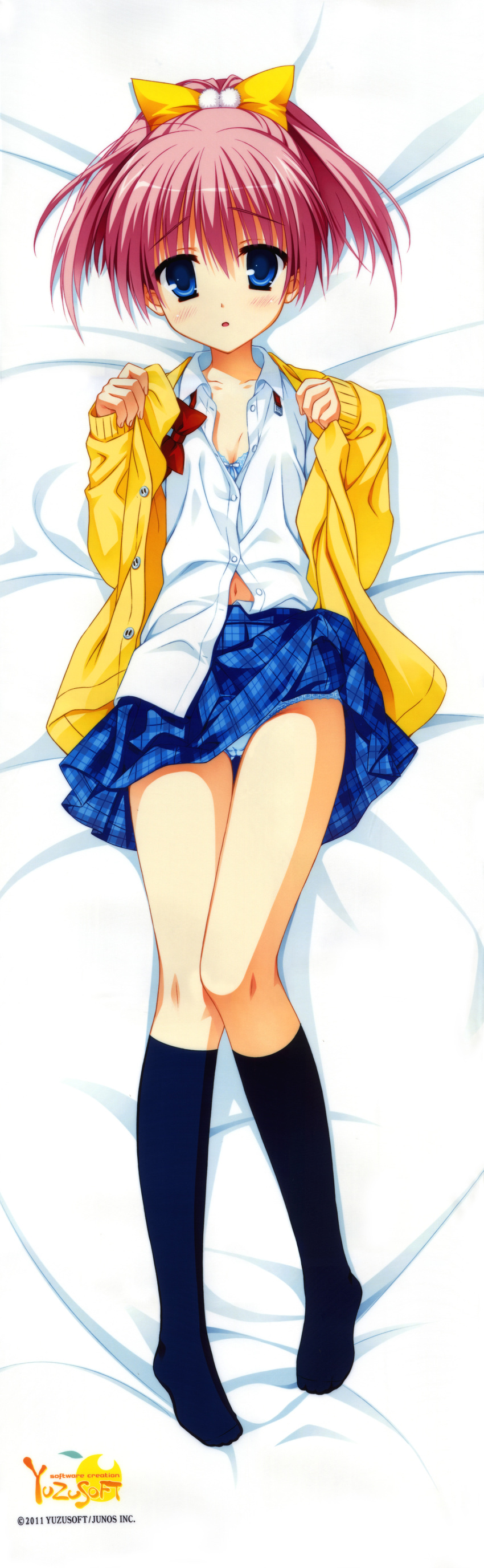 1girl absurdres blazer blue_bra blue_eyes blue_panties bra clothes_lift dakimakura_(medium) female_focus full_body highres jacket kneehighs kunihiro_hinata long_image lying muririn noble_works open_clothes open_shirt panties pantyshot pink_hair ponytail shirt skirt skirt_lift socks solo tall_image unbuttoned underwear upskirt