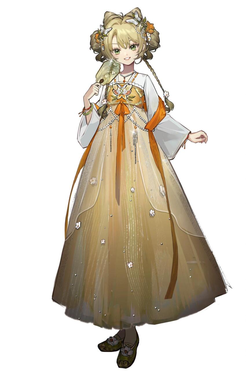 1girl bad_source blonde_hair bracelet braid chinese_clothes cone_hair_bun detective dress flower formalinv full_body green_eyes hair_bun hair_flower hair_ornament hand_fan hanfu highres holding holding_fan jewelry long_hair long_sleeves looking_at_viewer original qixiong_ruqun ribbon ruqun shoes simple_background smile solo standing tuanshan white_background white_flower