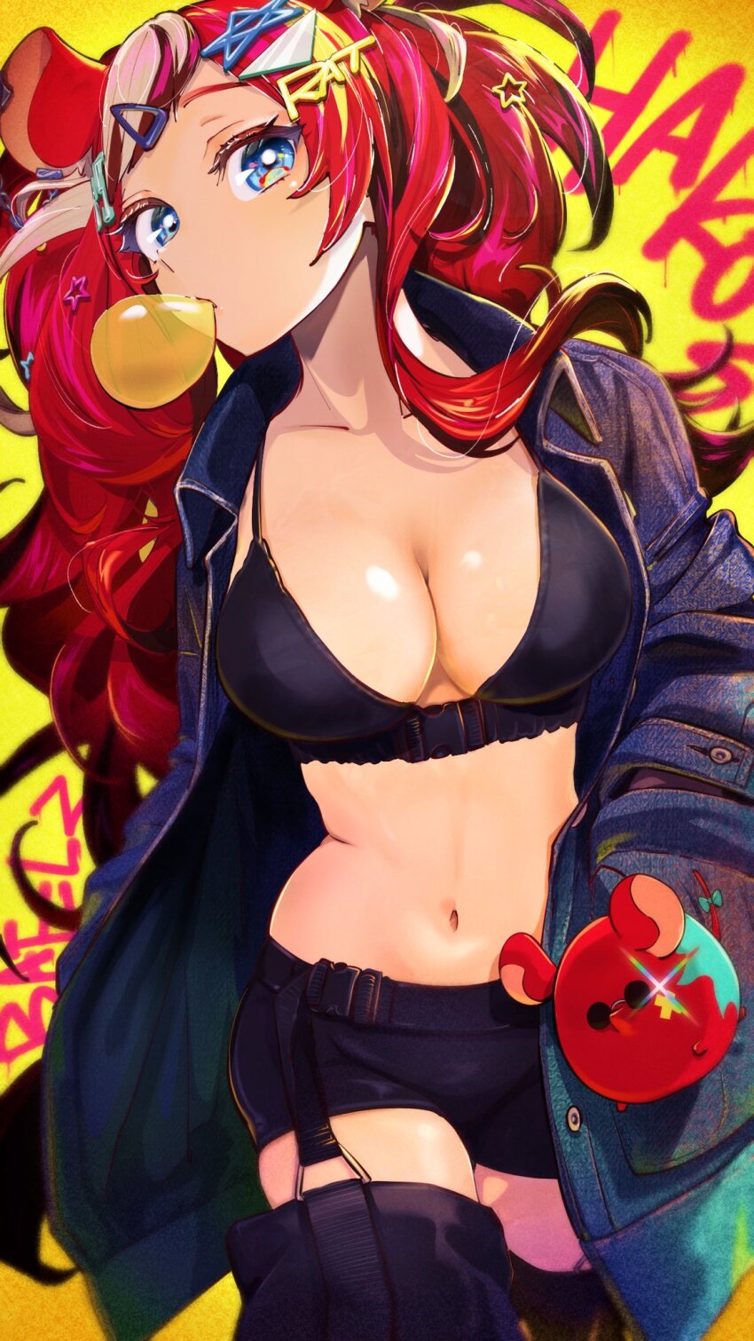 1girl animal_ears black_bra black_shorts blue_eyes bra breasts character_name chewing_gum denim denim_jacket hair_ornament hakos_baelz hands_in_pockets highres hololive hololive_english iris_(tb33064667) jacket large_breasts long_hair mouse_ears mr._squeaks_(hakos_baelz) navel red_hair shorts star_(symbol) star_hair_ornament underwear virtual_youtuber yellow_background